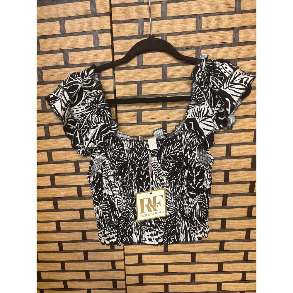 Rich & Famous Black And Cream Palm Leaf Print Smocked Crop Top‎ Size Large
